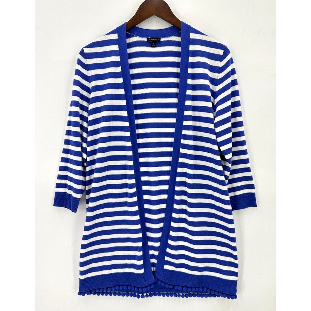 Talbots Cardigan Womens Open Knit Sweater Striped Pom Pom Trim Blue White S